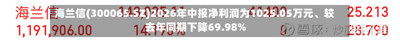 海兰信(300065.SZ)2026年中报净利润为1025.05万元、较去年同期下降69.98%-第1张图片