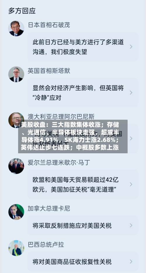 美股收盘：三大指数集体收涨；存储	、光通信、半导体板块走强，超威半导体涨4.91%	，SK海力士涨2.68%；英伟达止步七连跌；中概股多数上涨-第3张图片
