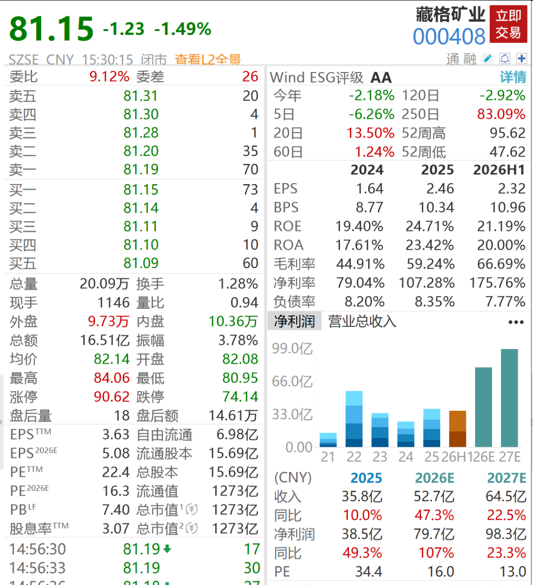 千亿铜矿巨头	，净利大增超100%创历史新高