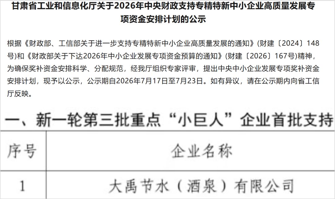 从“小巨人”到“重点”，大禹集团迎国家级专精特新企业培育新突破